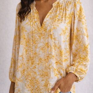 GAP Floral Boho Blouse Mustard Yellow Ivory V-Neck Top Size Small